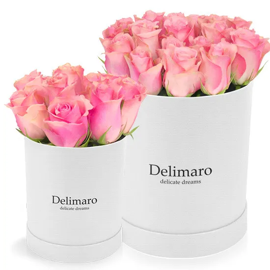 Pink roses in white box, flowers in round box, delimaro box