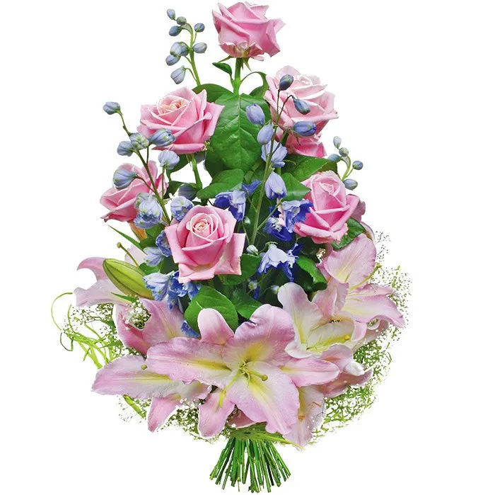 Pink bouquet with delivery, pink roses and lilies in bouquet, pink and purple flowers