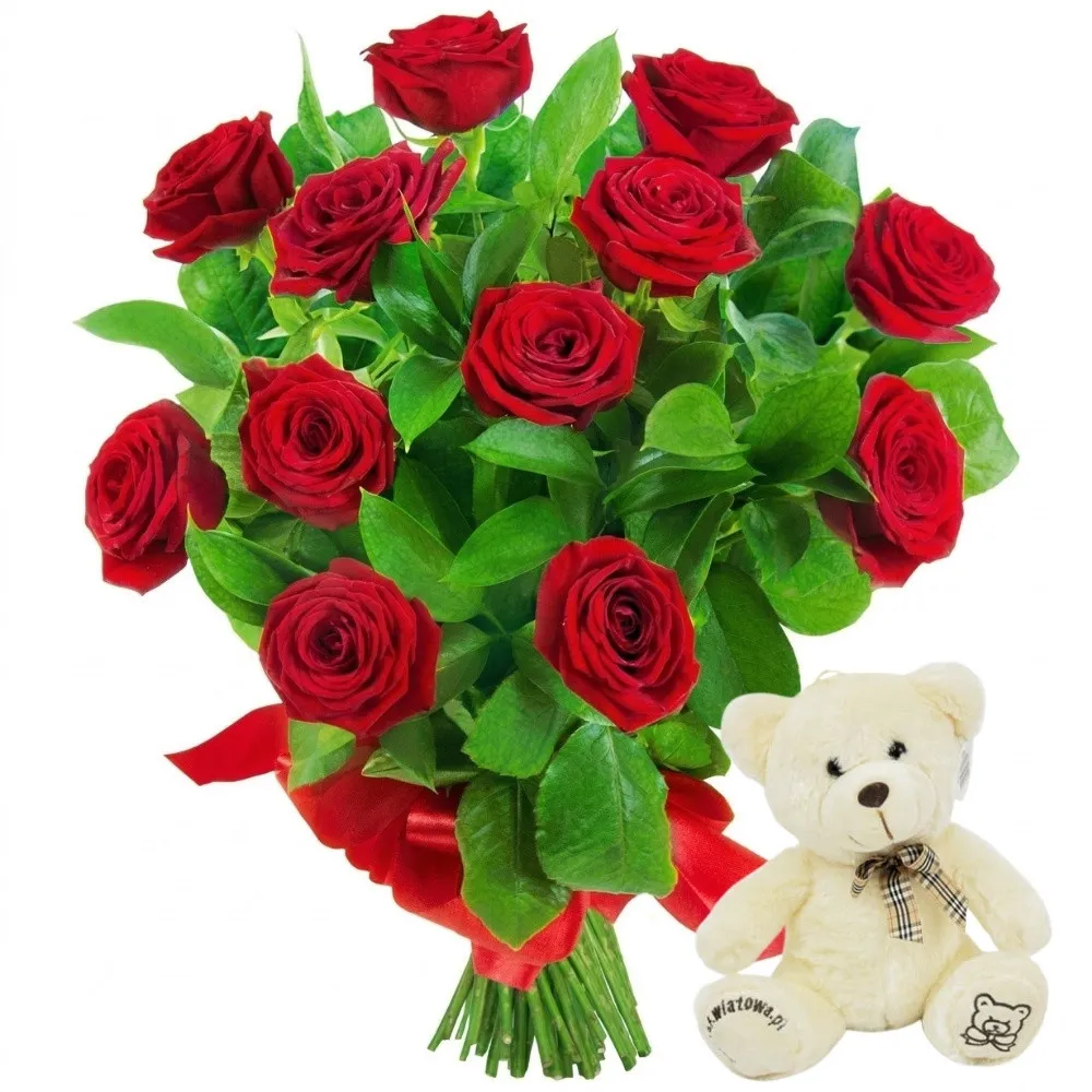 Red rose bouquet with ribbon and mascot, plush teddy bear, teddy surprise.