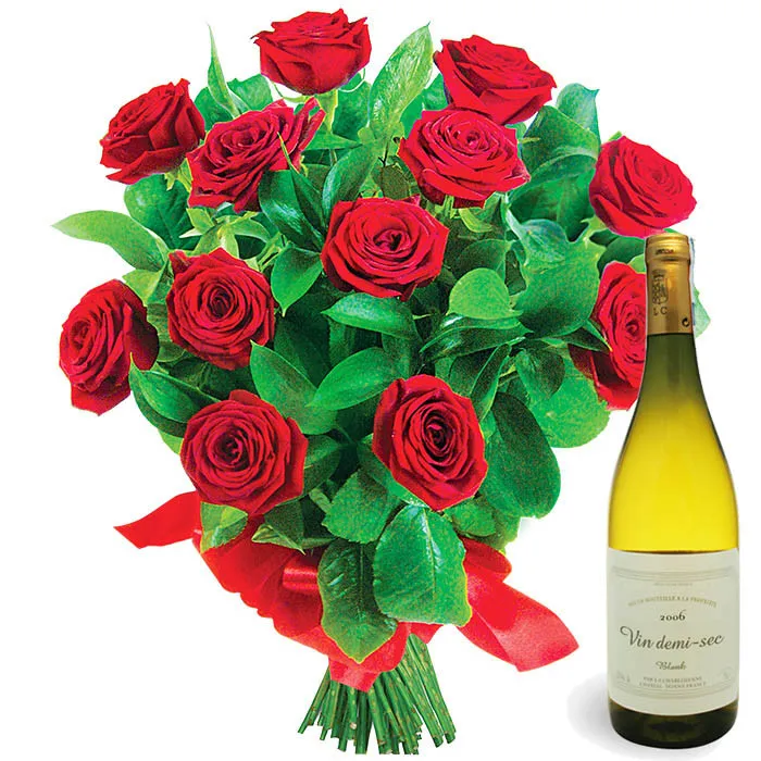 Roses with wine, 12 red roses with greenery, bouquet of red roses with wine