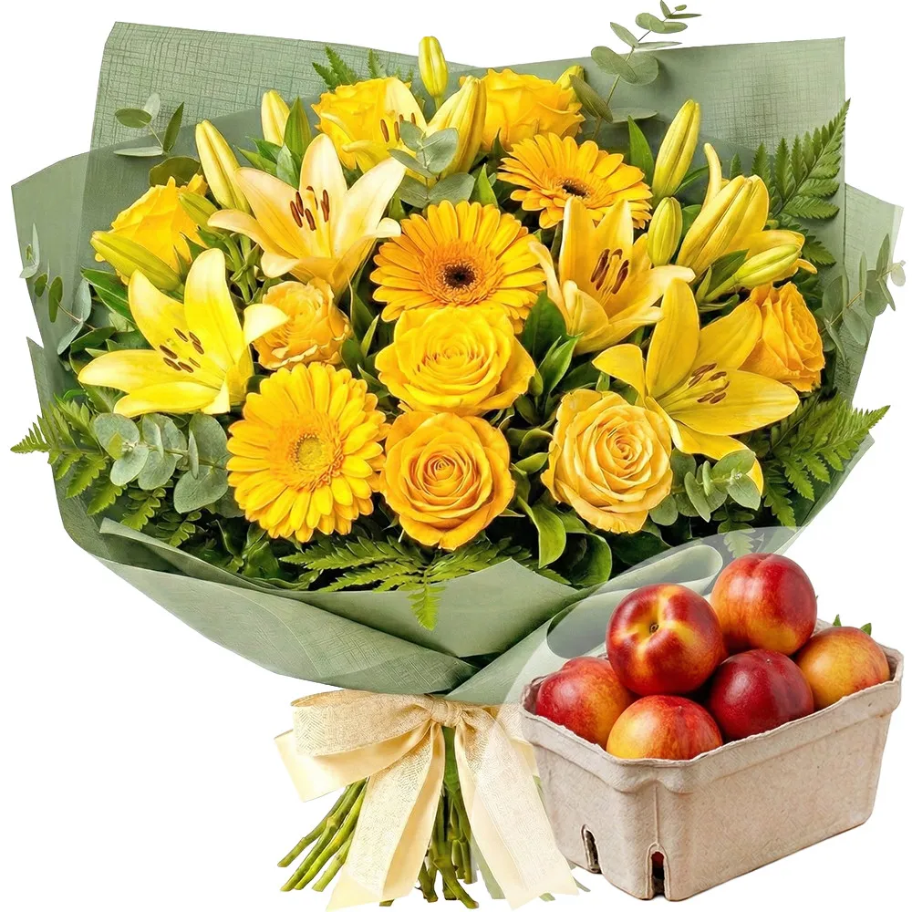 A "Sunny Cup" flower bouquet composed of yellow lilies, gerberas and roses, decorated with green eucalyptus and fern leaves, wrapped in green paper with a cream bow.