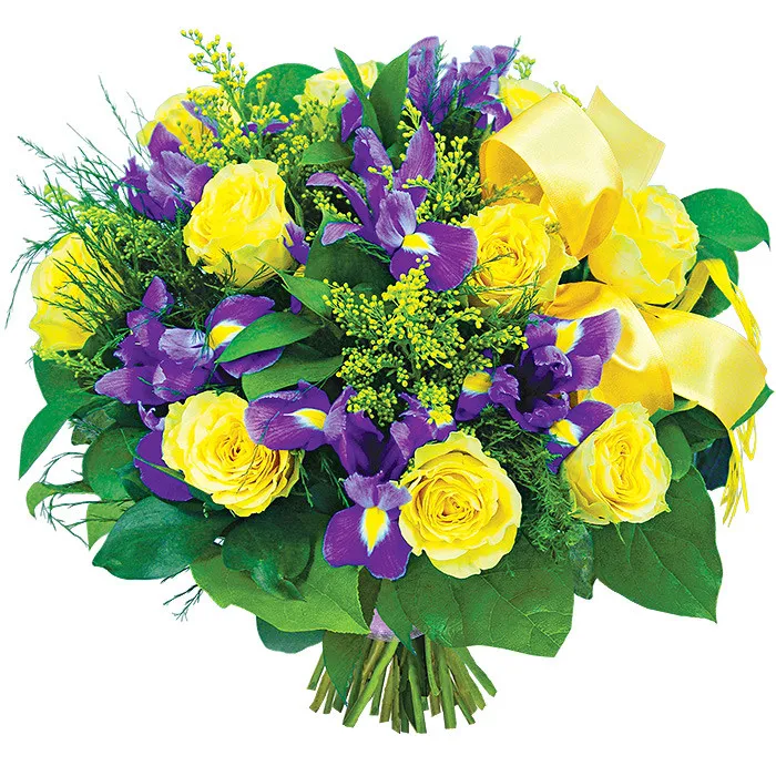 A bouquet of luck, a composition of yellow roses and purple irises with delivery.