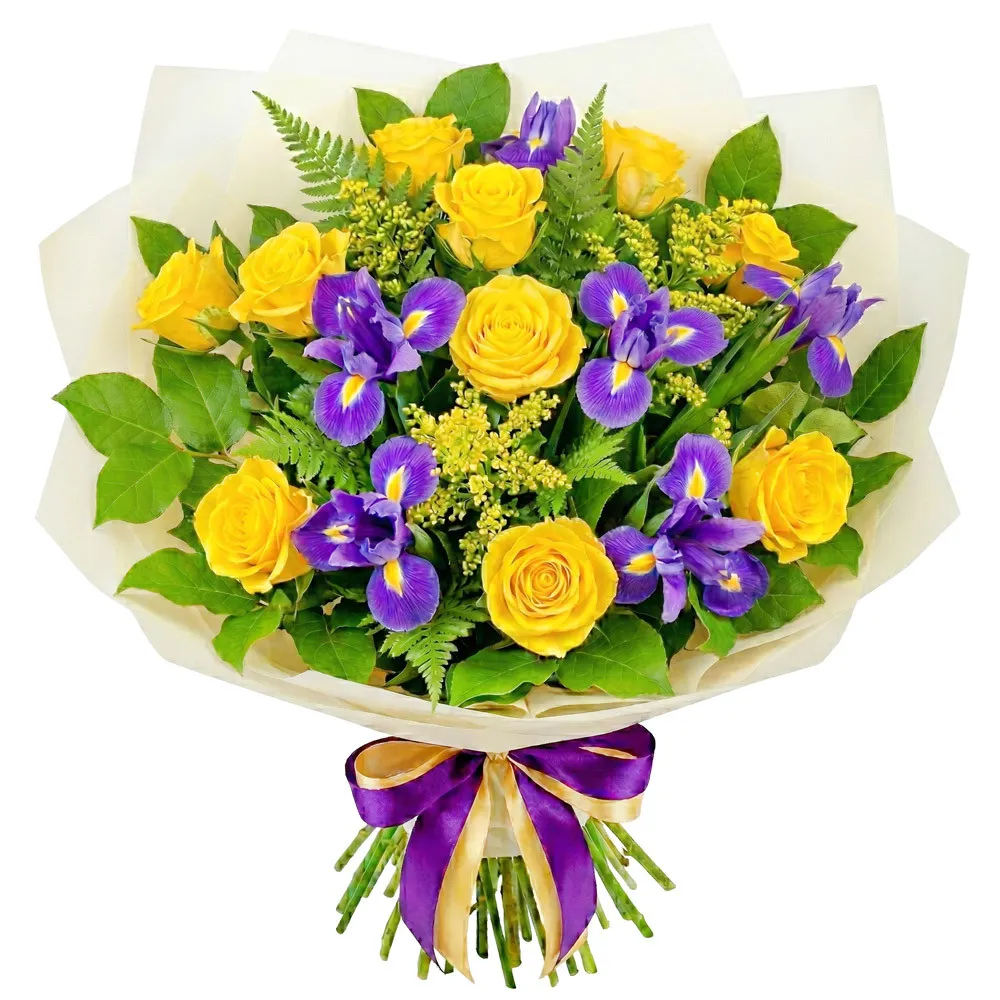 A contrasting, joyful bouquet composed of intense yellow roses and purple irises. Small, yellow filler flowers and lush green leaves and ferns are visible between the main blooms. The arrangement is packaged in elegant cream paper and finished with a deco