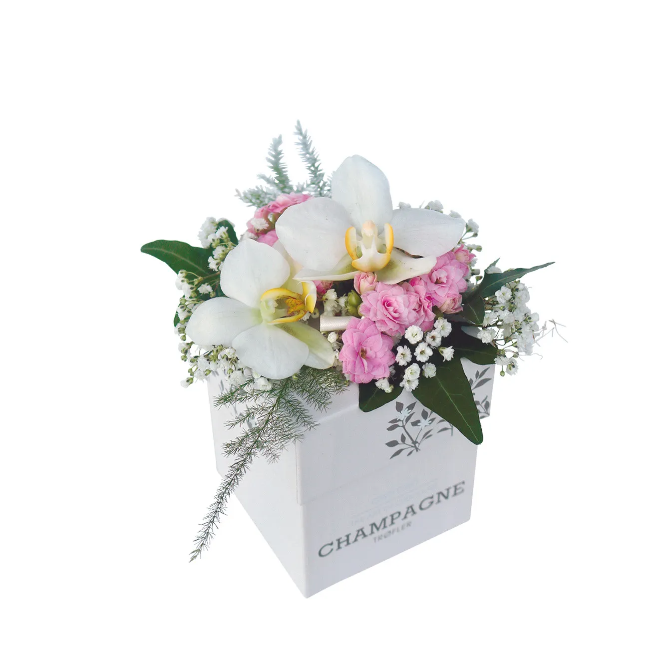 Decorated champagne truffles, white-pink flowers