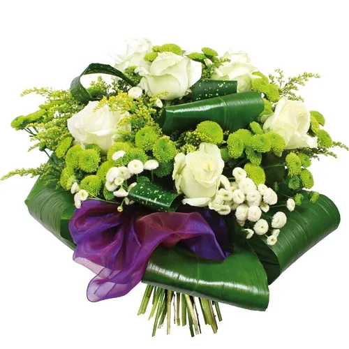 Funeral bunch, funeral bunch of white roses, solidago, santini, green decorative and purple ribbon