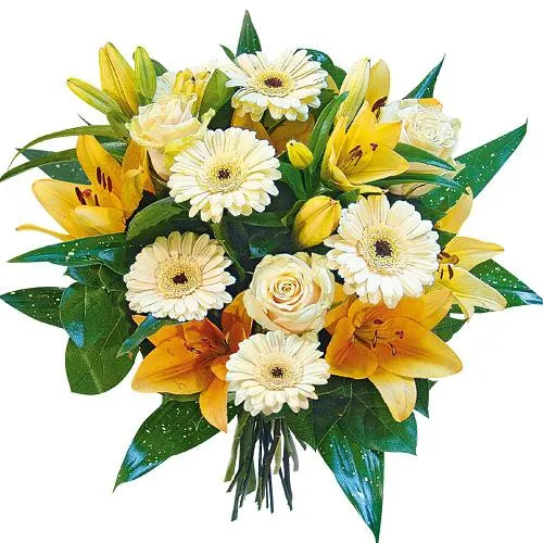 Gerbery, róże, lilie, zieleń dekoracyjna w bukiecie, kwiaty dla niej, Kwiaty Słodki Buziak