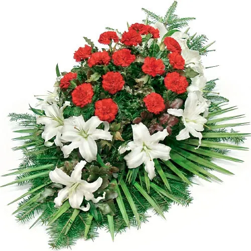 bunch made of white liles, red carnations, green palm trees, funeral bunch