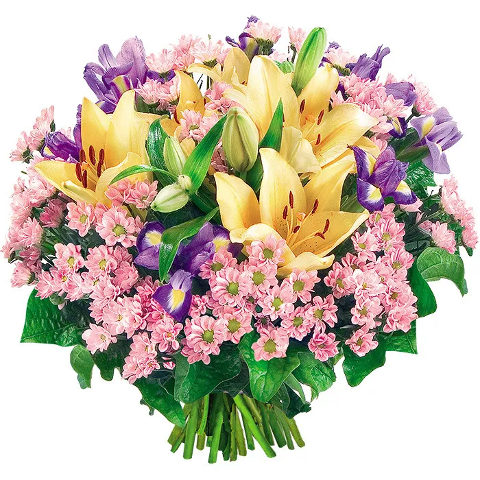kwiaty dzień dobry, bukiet kwiatów, bukiet z lilii azjatyckich, santini, irysów i zieleni dekoracyjnej, bukiet różowo żółto fioletowo zielony