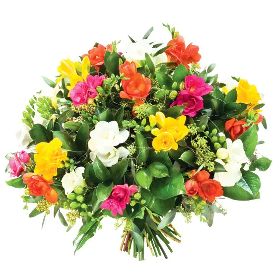 Composition of gerberas, Asiatic hybrids, roses, margarades, carnations in a basket, congratulatory flowers, Congratulations composition