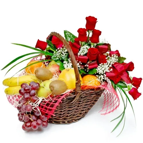 Congratulation basket, 15 red roses, wicker basket, fruit, grapes, bananas, kiwis, apples, oranges