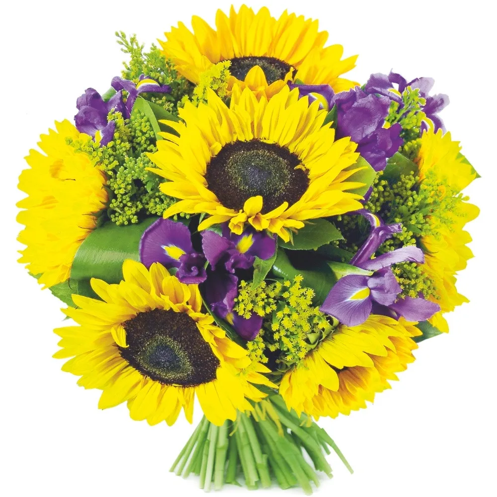 Good day bouquet, sunflowers in bouquet, irises and sunflowers with greenery.