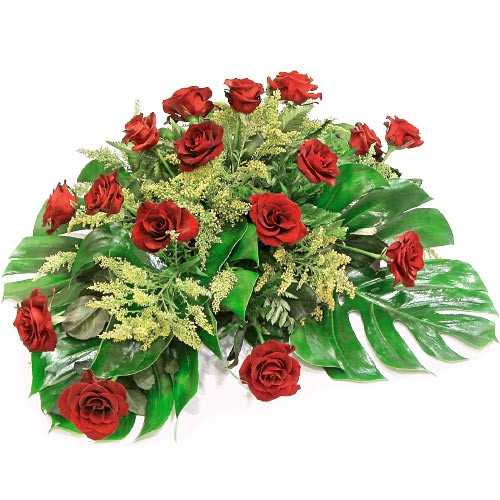 Wiązanka z czerwonych róż, żółtego solidago, zielonych liści filodendrona, Wiązanka pogrzebowa, wiązanka na pogrzeb