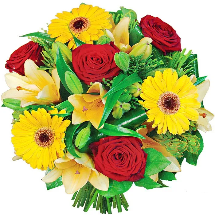 Bouquet smile, bouquet of colourful flowers, gerbera, red rose, decorative green