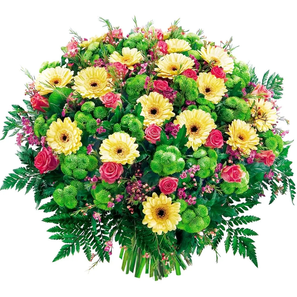 bukiet chwilo trwaj, różowe róże, gerbery, santini, woskowce, zieleń dekoracyjna, bukiet kwiatów żółto różowo zielony