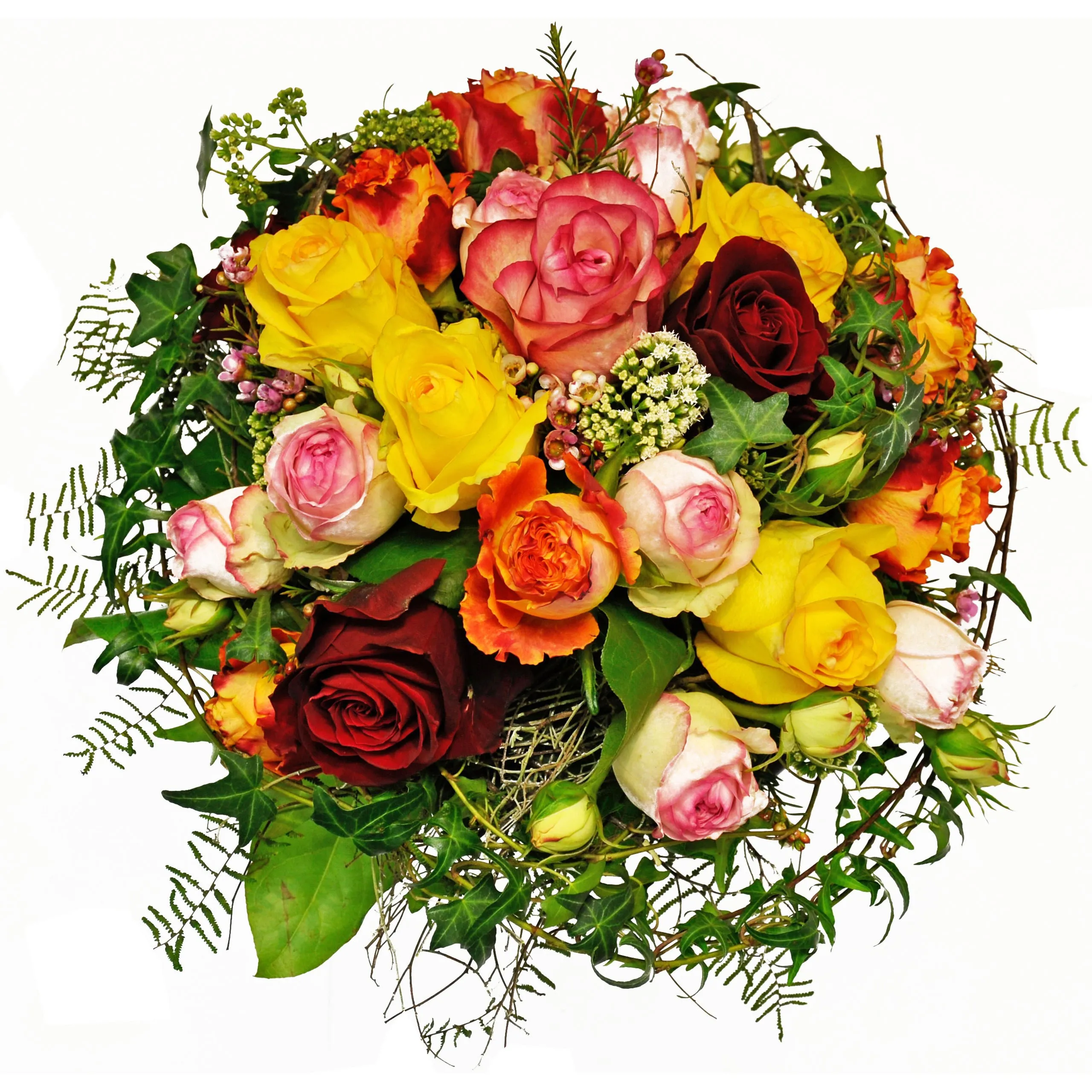 Compact/round romantic Bouquet of mixed roses (at least four different) colours with matching filler - Syria