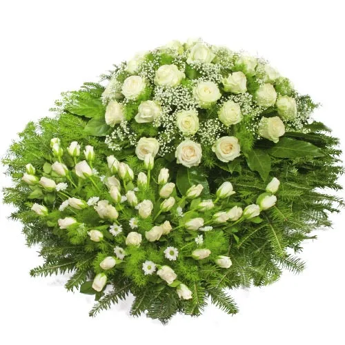 Wreath Deep sorrow, funeral wreath with white flowers and decorative greenery