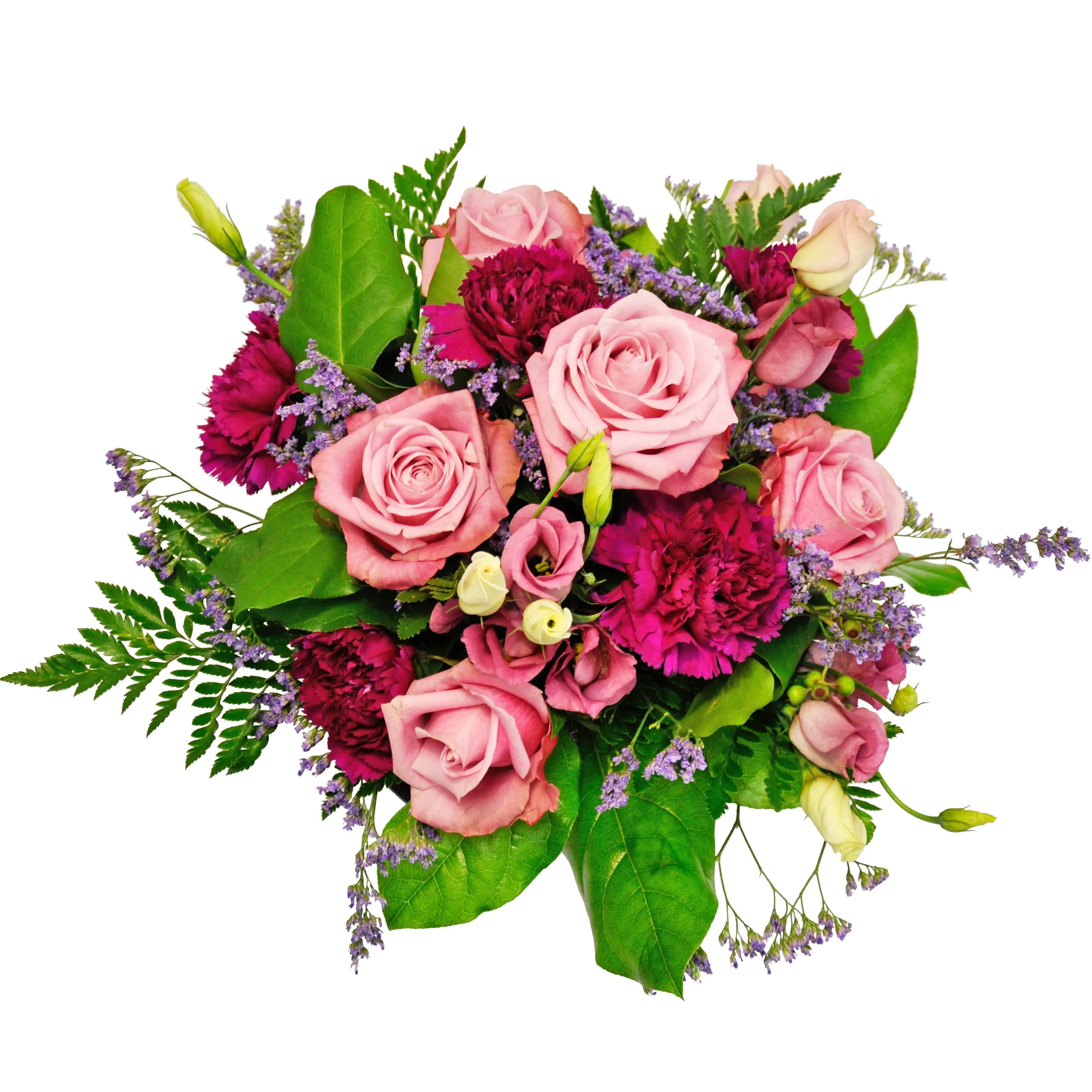 Round/hand tied mixed bouquet (roses/carnations) Pink/Purple colors only with matching filler - Syria