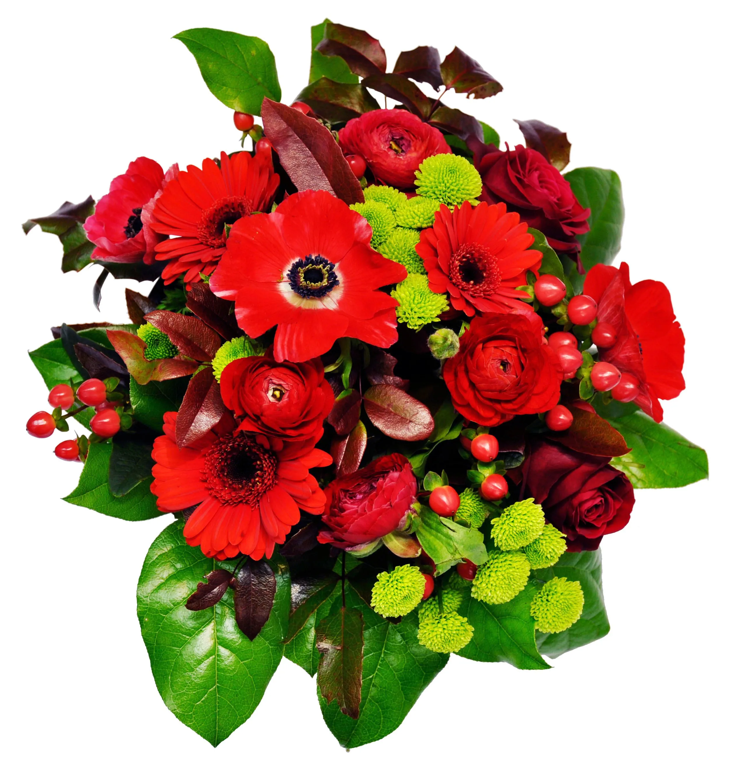 Round/hand tied mixed Bouquet of nice assortment of only red flowers (gerbera/roses etc..) with gree - Syria