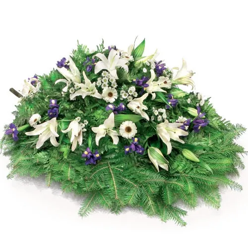 Wiązanka fioletowych irysów, białej gerbery i santini, Wiązanka pogrzebowa