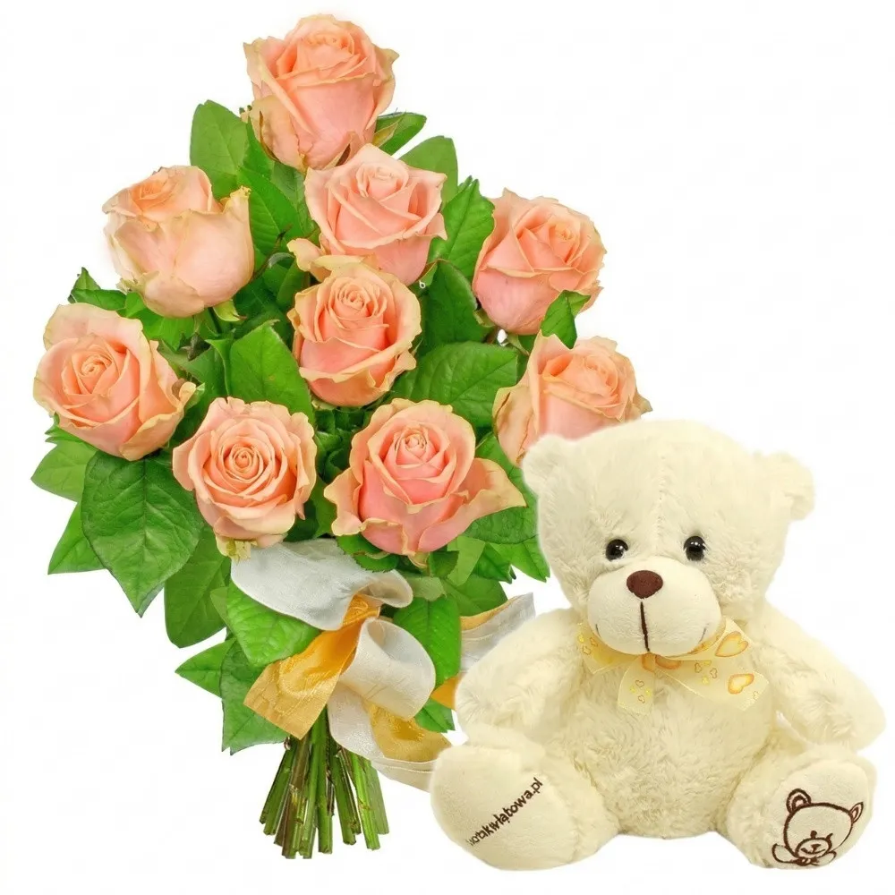 gleam flowers, bouquet of creamy roses, 9 creamy roses, plush teddy bear