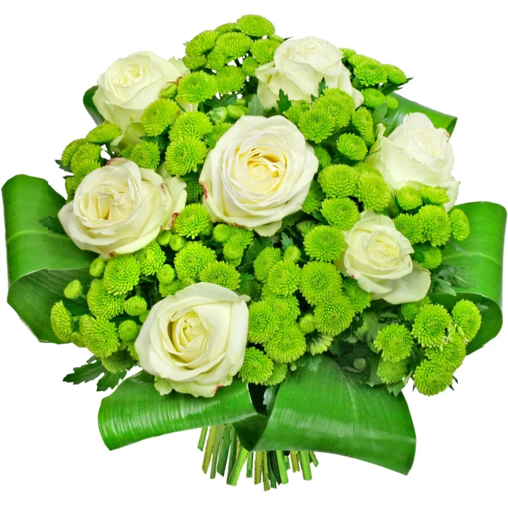 Kwiaty Dla dwojga, 7 białych róż i santini w bukiecie, biało zielony-bukiet