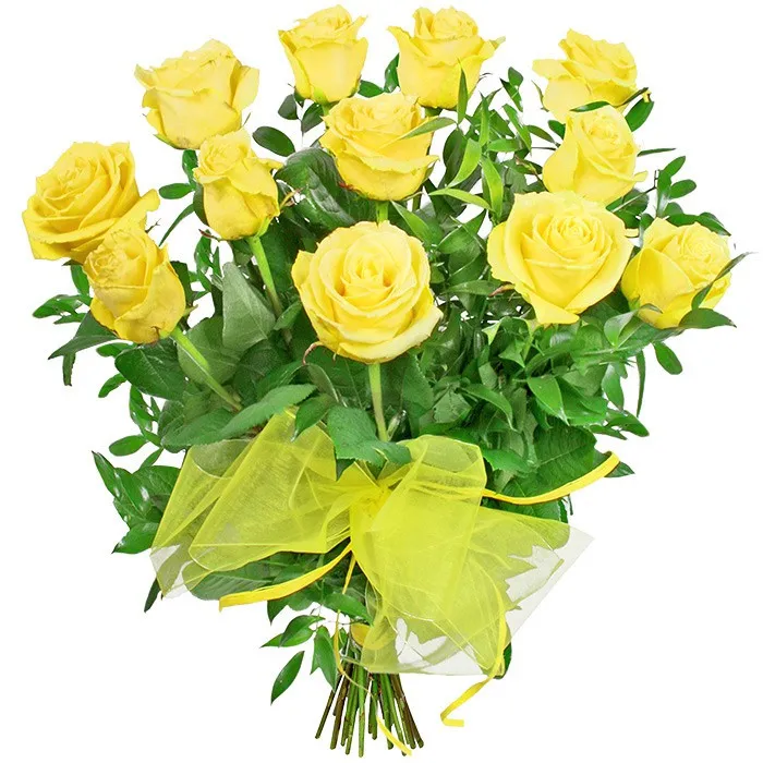 Kwiaty Słoneczne, 12 żółtych róż z ruskusem, bukiet róż z żółtą wstążką