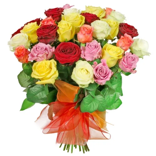 Bouquet of coloured roses, 30 coloured roses, a bouquet of orange and red organza