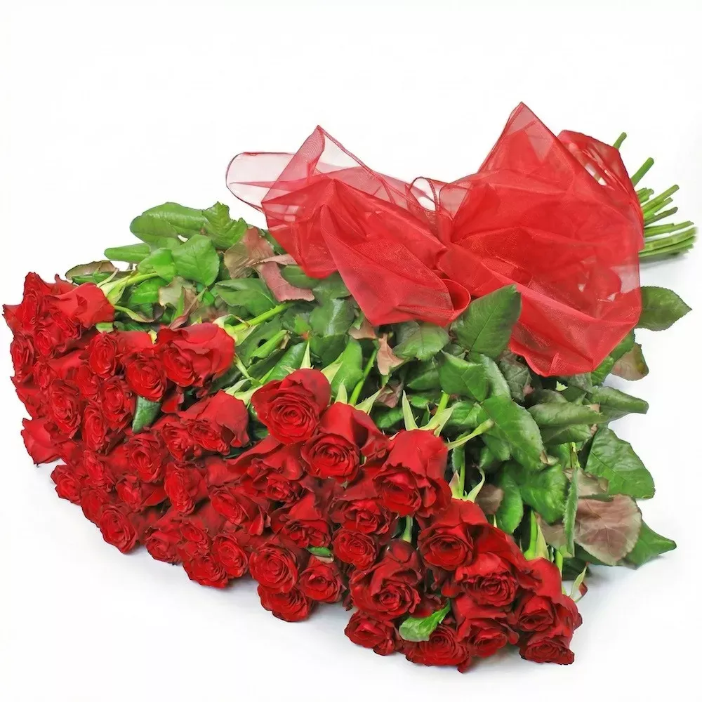 Flamenco bouquet, rose bouquet, 50 red roses, red organza bouquet