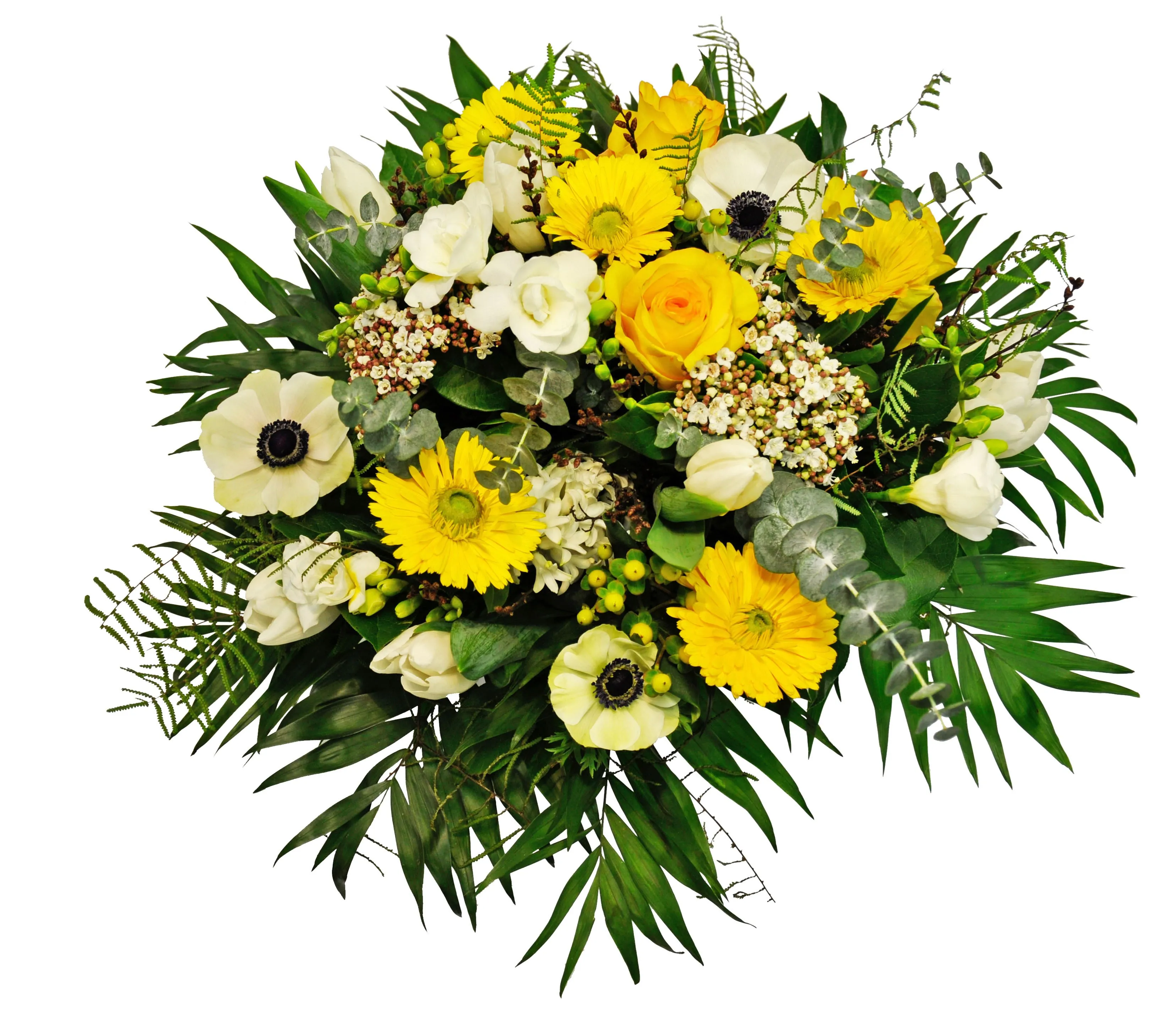 Mixed round Spring bouquet in deep yellow and white seas flowers, green - Syria