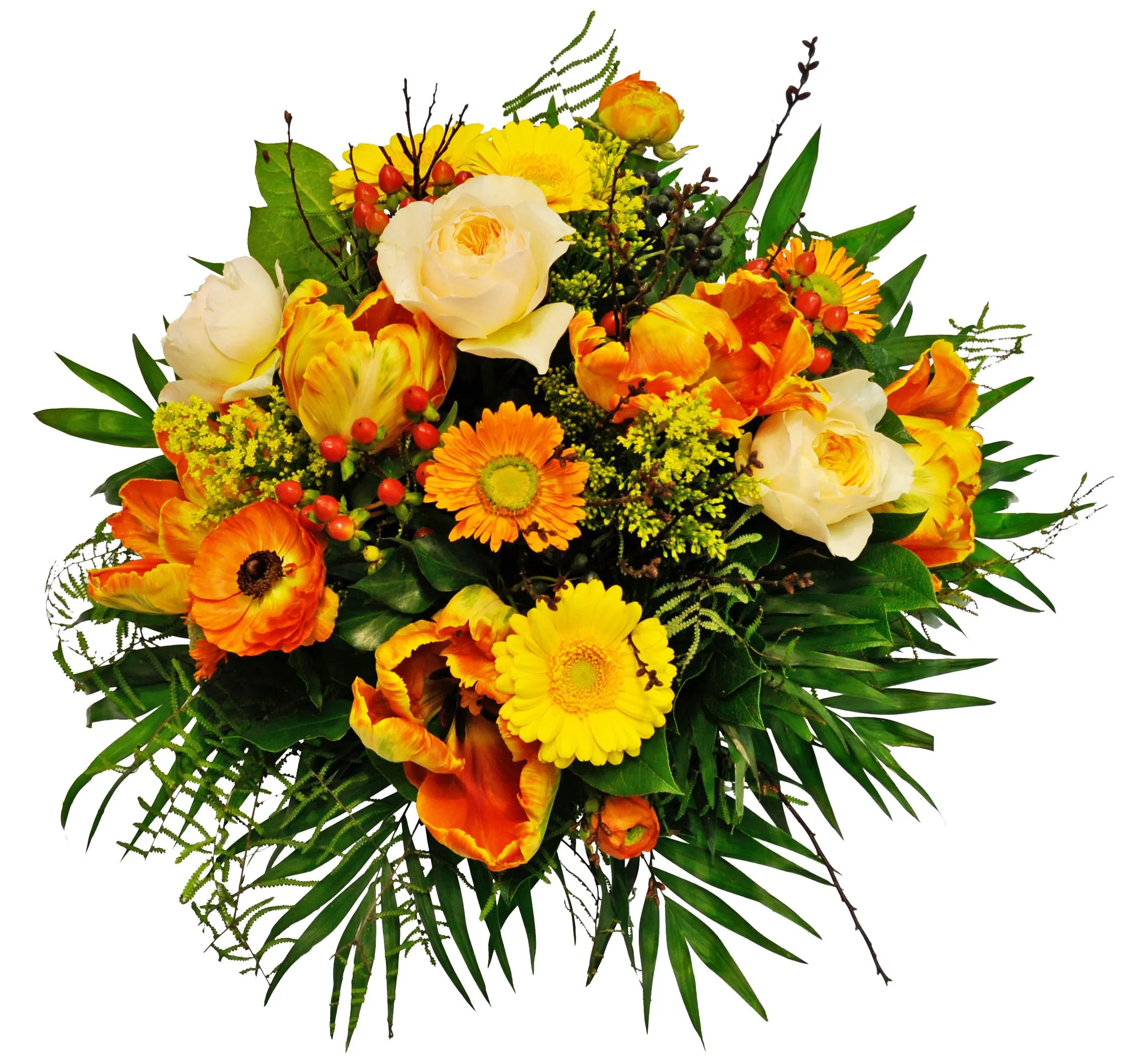 Mixed round Spring bouquet in orange and yellow seas flowers, green - Syria