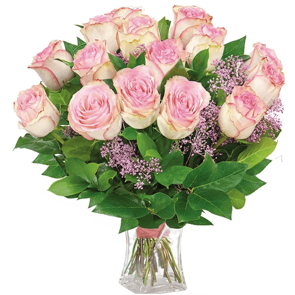 Bouquet of blush, bouquet of 15 pink roses with decorative greenery in a vase with delivery