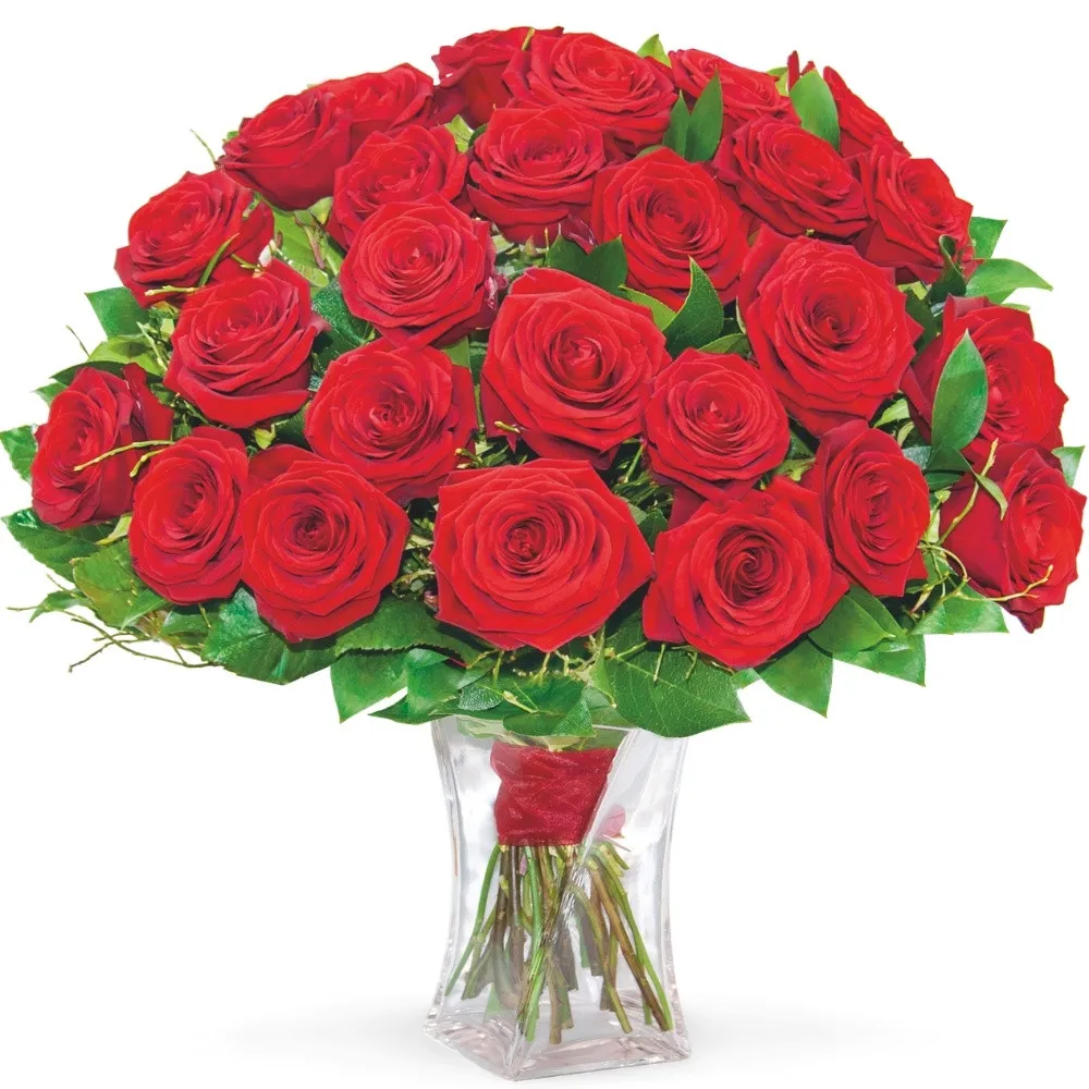 25 red roses in a vase with decorative greenery tied with a ribbon, Ruby bouquet in a vase, a product of Poczta Kwiatowa®