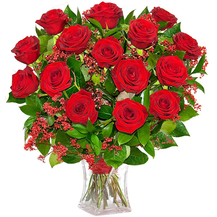 bukiet romantyczny wieczór, bukiet kwiatów w szklanej wazie, 15 czerwonych róż, czerwona gipsówka, zieleń dekoracyjna