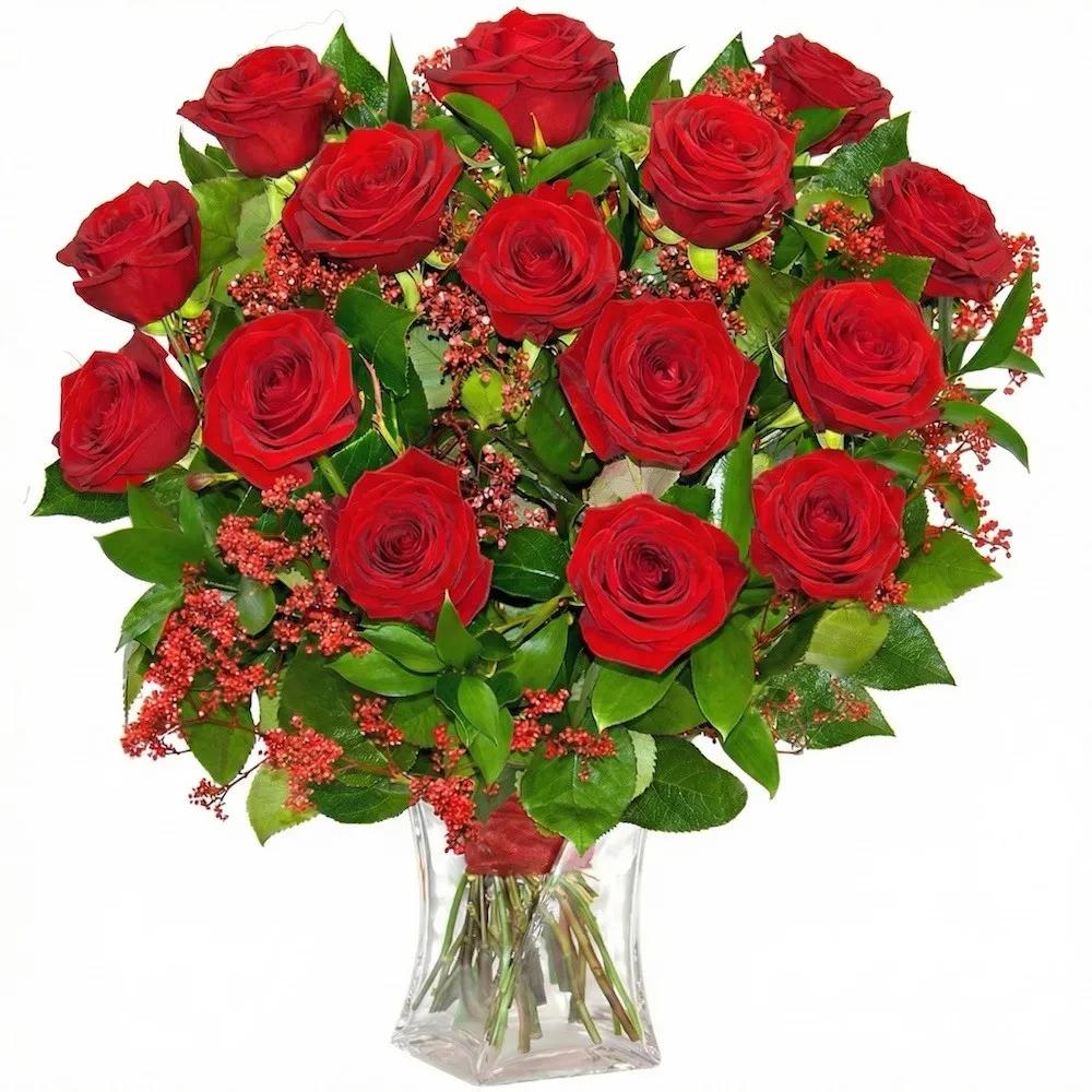 Bouquet romantic evening, bouquet of flowers in a glass vase, 15 red roses, red gypsophila, decorative green