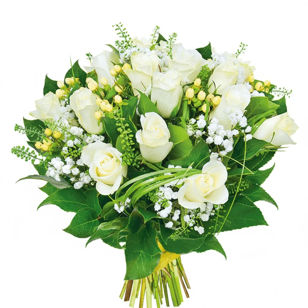 Flowers - 15 pink, gypsophila, hypericum, decorative green with ribbon, alluring flowers