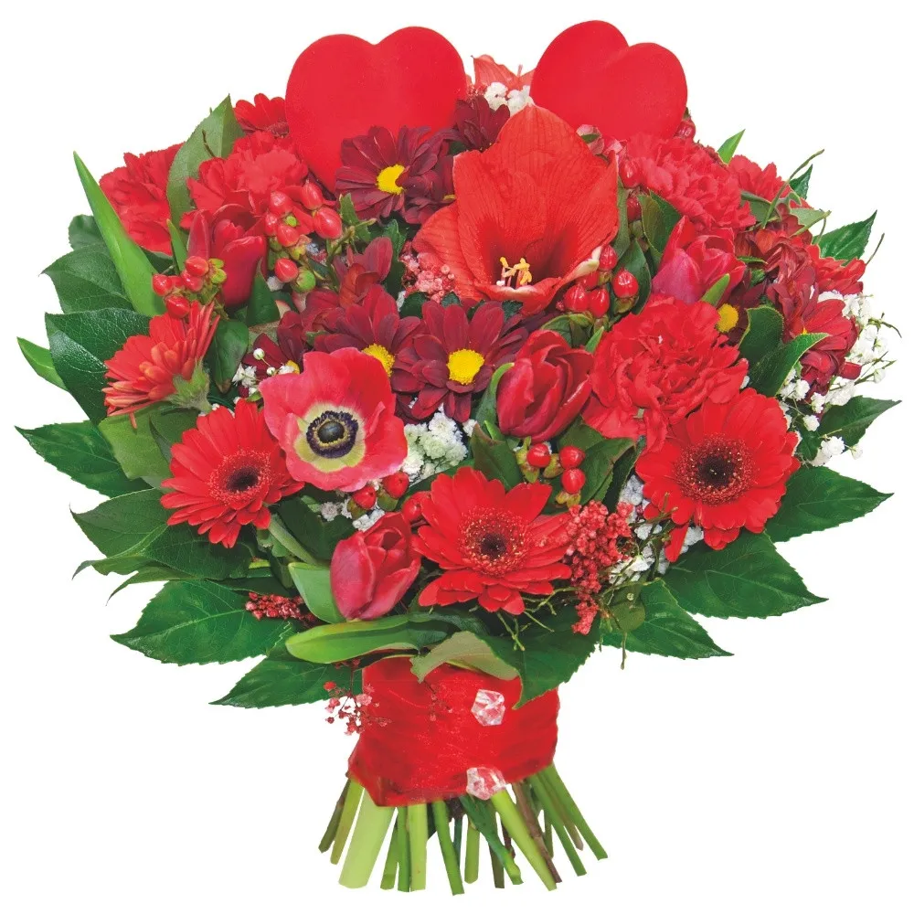 Bukiet Prima Victoria, amarylis, gerbery, chryzantemy, goździki, tulipany, anemon, gipsówka, hypericum, serca na piku, zieleń dekoracyjna w bukiecie obwiązany wstążką