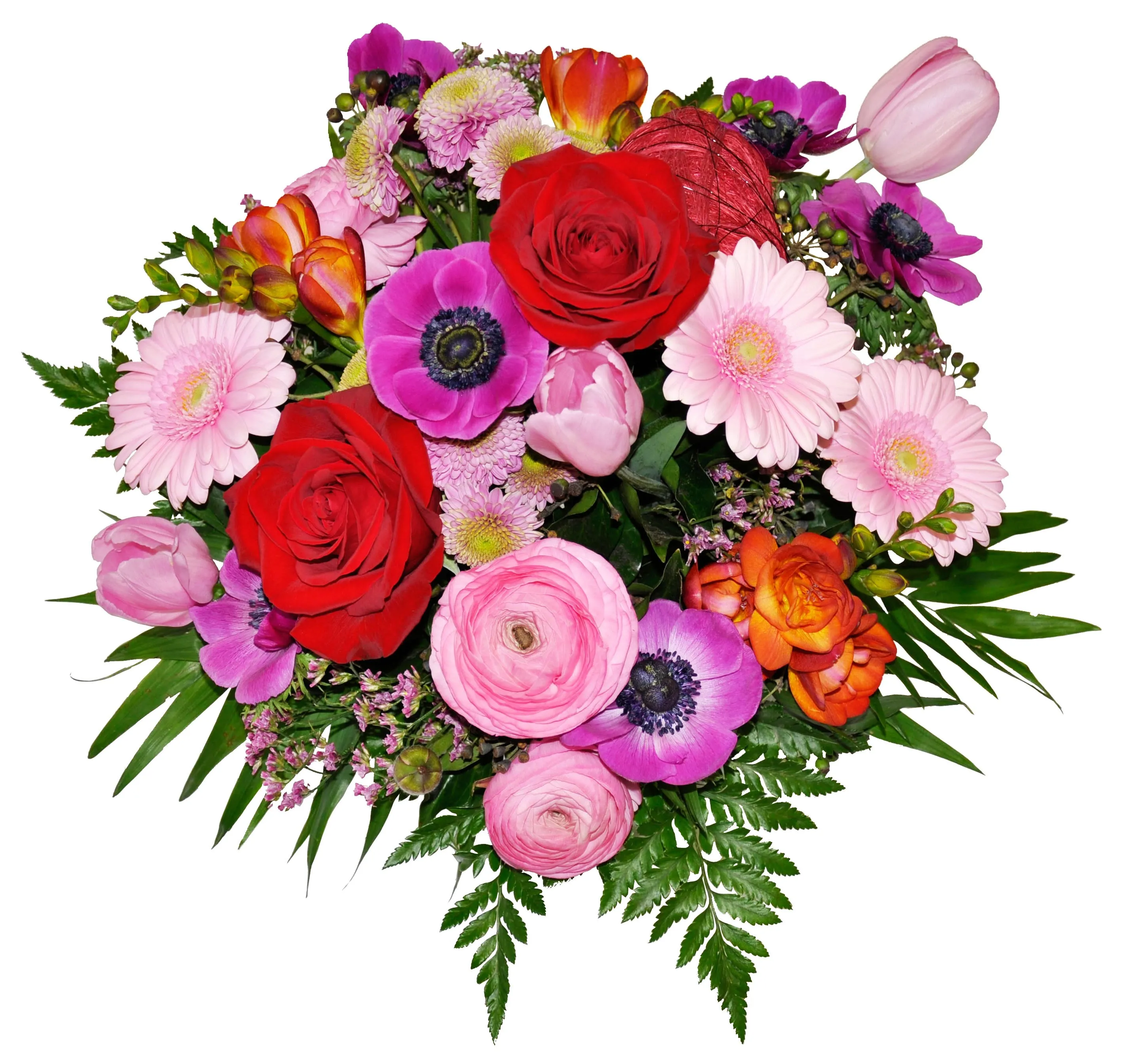 Mixed seasonal bouquet in various light + dark pink/red/purple shades only