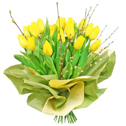 Bukiet na święta, 17 żółtych tulipanów, bazie w kolorowym papierze, Bukiet Wesołego Alleluja