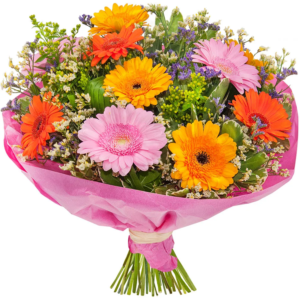 joyful bouquet, gerbera daisy, limonium, bouquet of colourful flowers