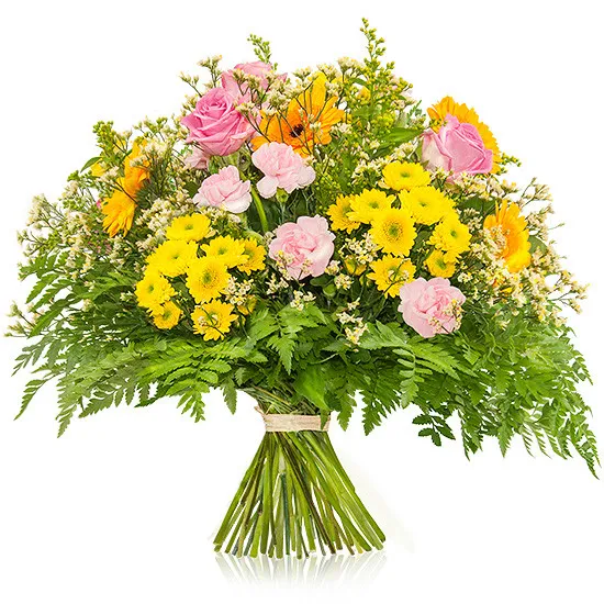 Sicilian bouquet, yellow pink "sicilian" bouquet, pink roses, gypsophila 