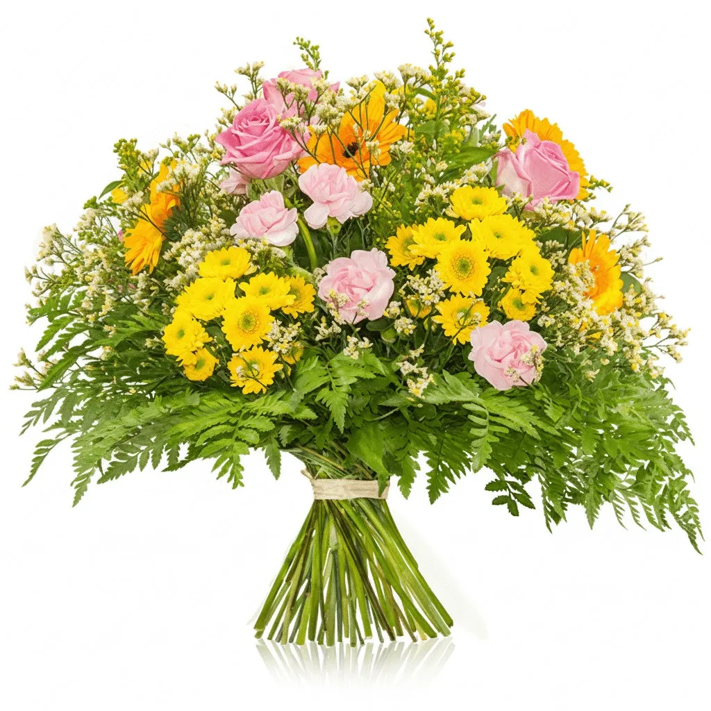 Sicilian bouquet, yellow pink "sicilian" bouquet, pink roses, gypsophila 