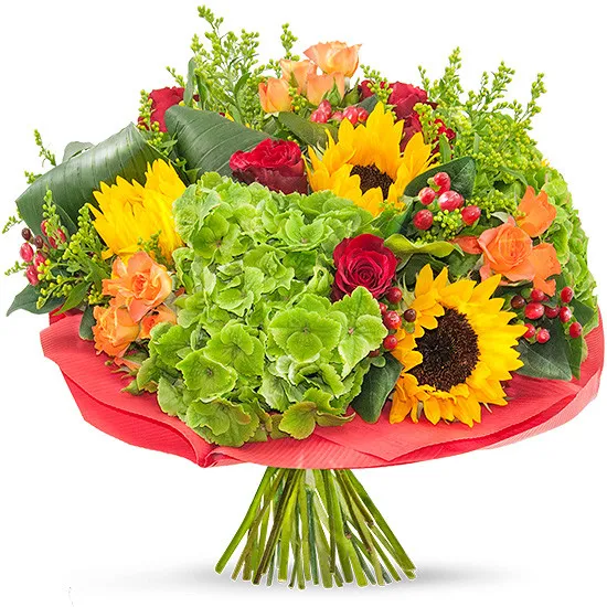 słoneczny bukiet, bukiet kwiatów w czerwonej kryzie, czerwone róże, słoneczniki, hortensja, zieleń dekoracyjna
