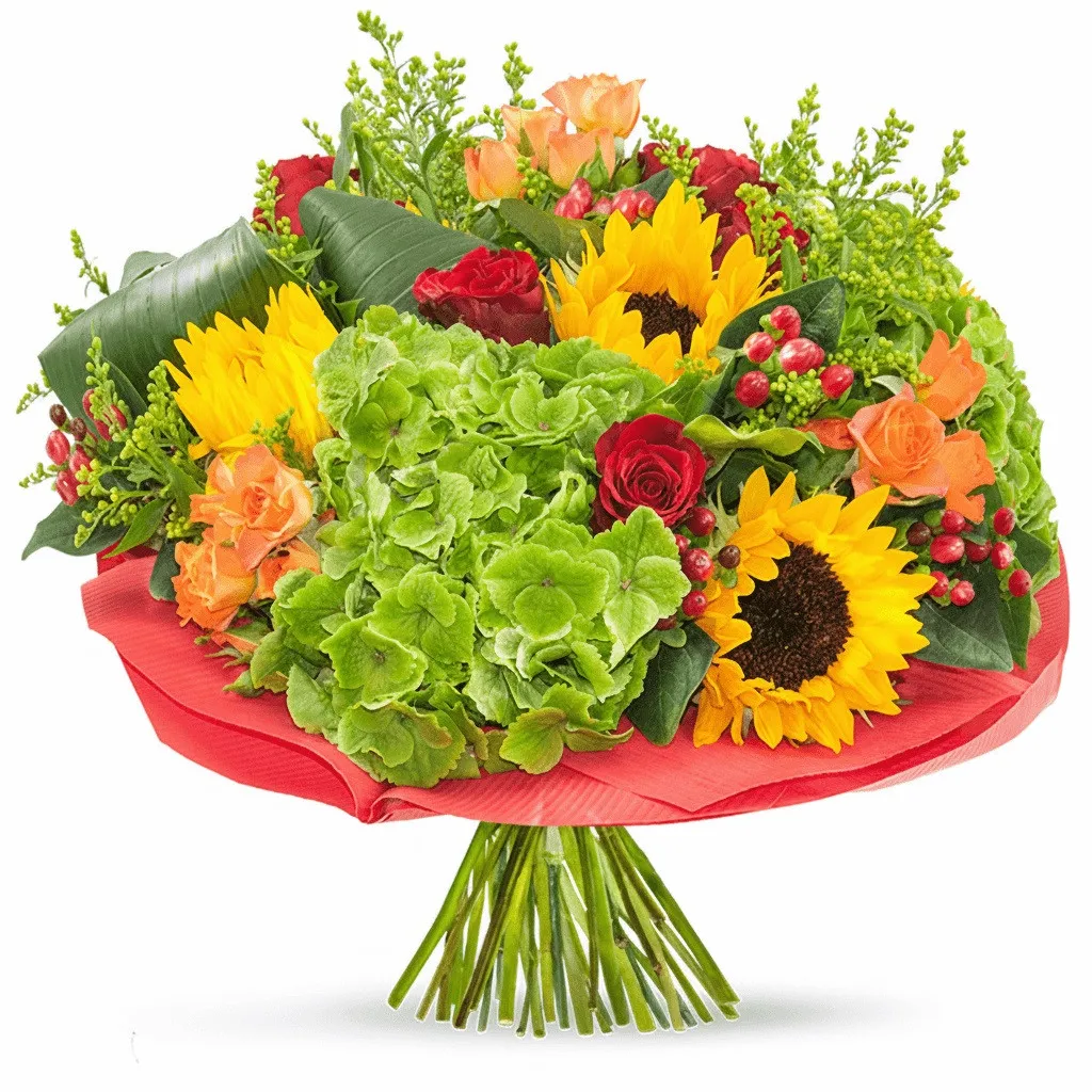 colorful dreams, red roses, sunflowers, hydrangea, decorative green