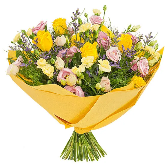 sunny cup bouquet, yellow pink bouquet with yellow paper, yellow roses