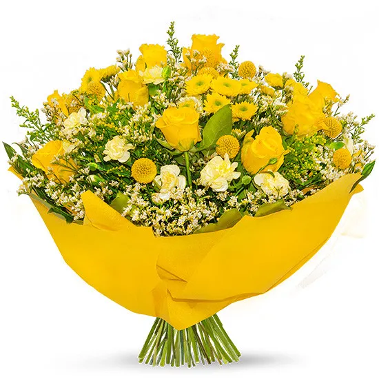 bukiet firmowy poczta kwiatowa®, żółty bukiet kwiatów w żółtym papierze