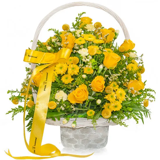 kosz firmowy poczta kwiatowa®, pomarańczowy bukiet kwiatów, biały wiklinowy koszyk z pałąkiem, żółta wstążka poczta kwiatowa®