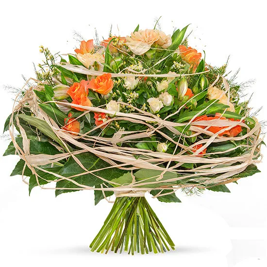 Bouquet of feelings, orange roses, a round bouquet with a raffia