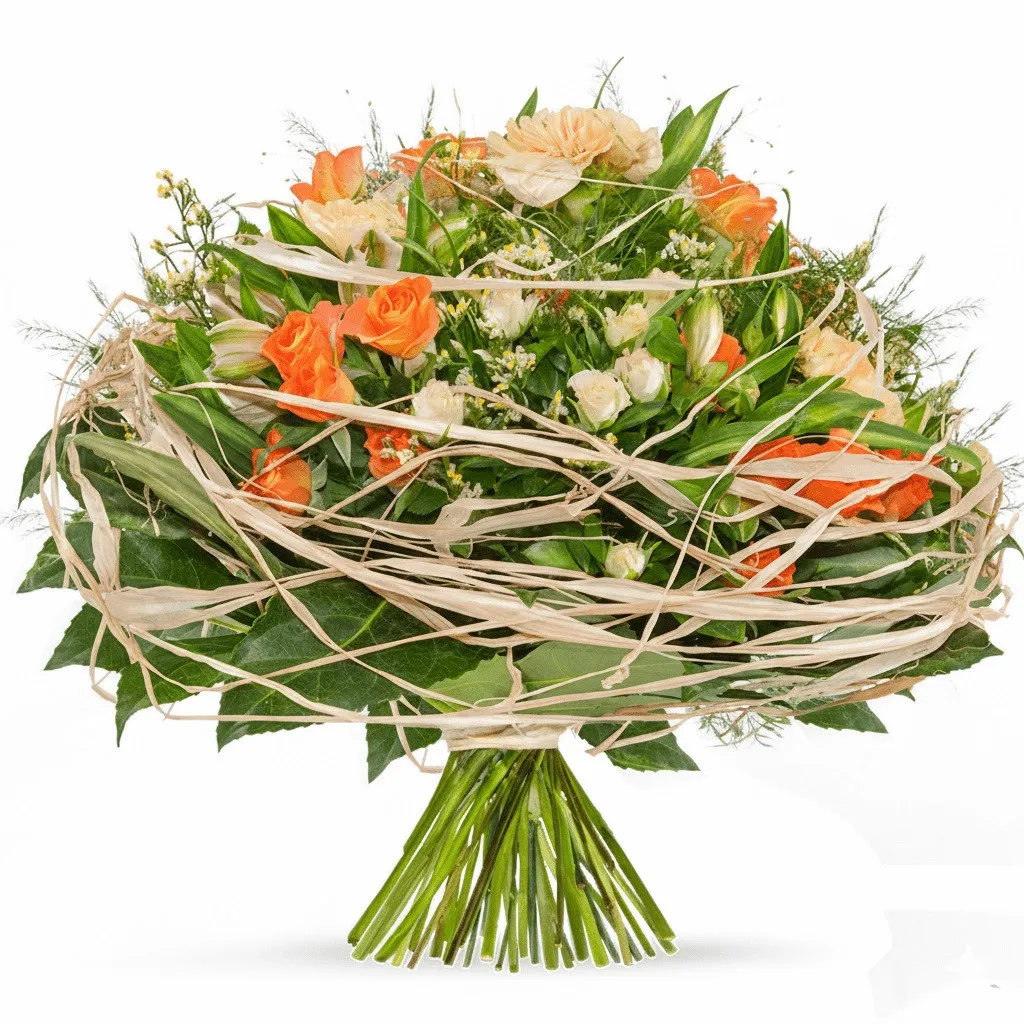 Bouquet of feelings, orange roses, a round bouquet with a raffia