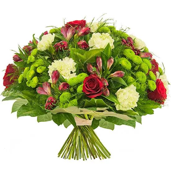 Bouquet of beautiful gestures, round bouquet of flowers, red roses, white gypsophila 