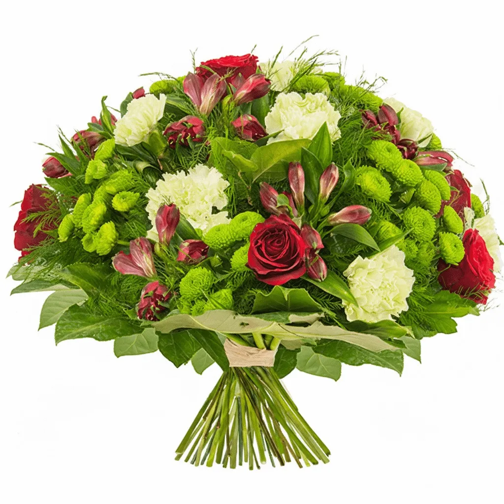 Bouquet of beautiful gestures, round bouquet of flowers, red roses, white gypsophila 